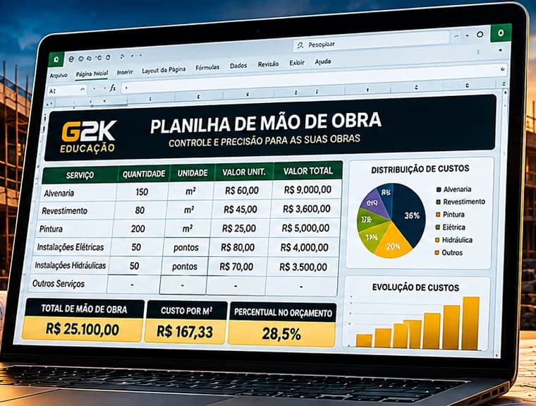 Planilha de Mão de Obra aberta no notebook, com tabela de serviços, total da mão de obra, custo por m² e gráficos