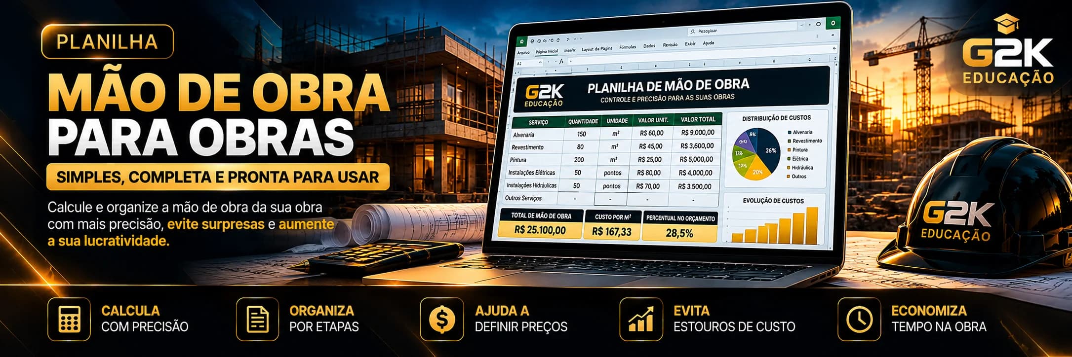 Planilha de Mão de Obra para Obras da G2K Educação, simples, completa e pronta para usar, aberta no notebook